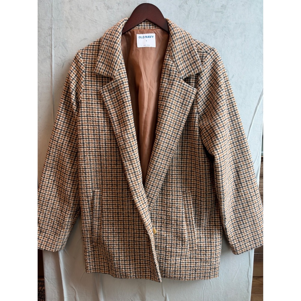 Old Navy Car Coat Women M Brown Houndstooth Dark Academia Wool Blend Jacket